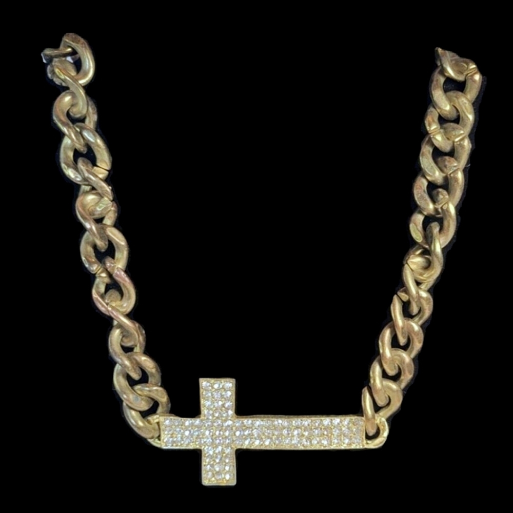 Y2K  Rhinestone Crystal Goldtone Chunky Size Cross Necklace